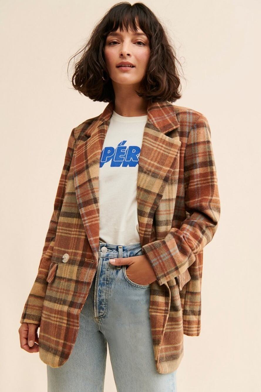 Free People Mari Plaid Brown Blazer Coat Sz XS